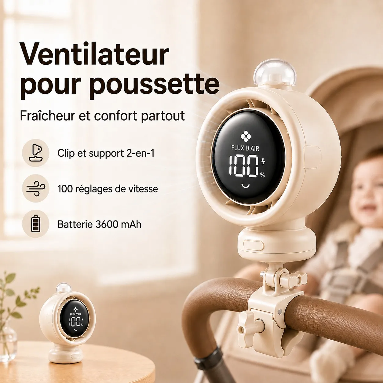 Nouveau ventilateur portable 2026 pour poussette avec oscillation, 100 vitesses, silencieux, mini ventilateur à clipser, batterie 10H, USB-C pour siège auto, berceau, voyage