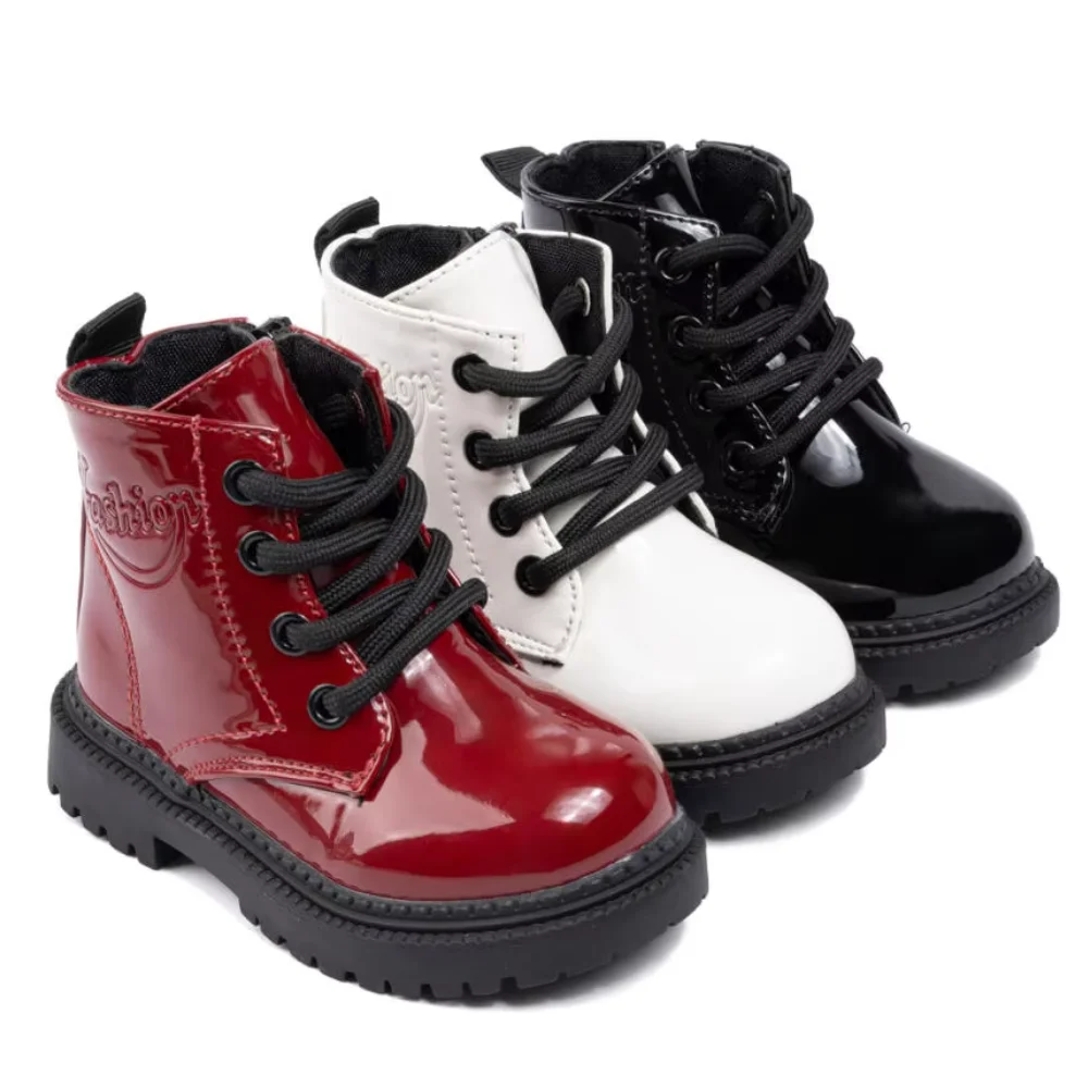 Chaussures d'automne et d'hiver pour enfants, bottes imperméables en cuir PU pour enfants, bottes hautes à lacets avec fermeture éclair pour garçons et filles