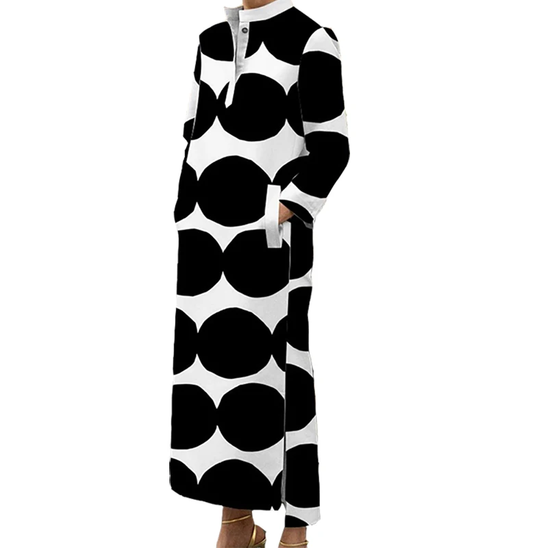 Modigirl Women's Black Polka-Dot Stand Collar Casual Dress Spring Summer Long Sleeves Party Evening Maxi Dresses