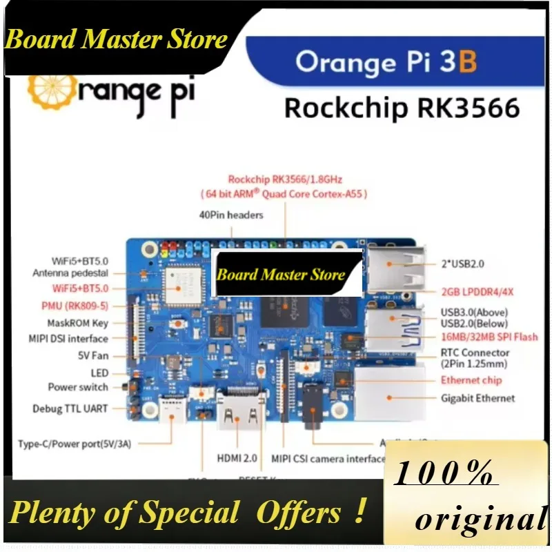 BoMaSOrange Pi 3B 2GB Ram LPDDR4 Rockchip RK3566 Mini PC WiFi5+BT5.0 BLE M2 SSD Single Board Computer Orangepi3B Development Boa