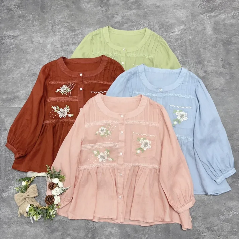 

Johnature Fall 2025 New Vintage Crew Neck Embroidered Ramie Three-Quarter Sleeve Shirt Women's Loose Single-Breasted Shirt Tops