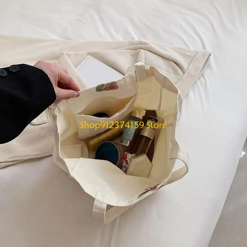 

G5AE Embroidered Flower Canvas Bag Underarm Shoulder Bag for Women Large Capacity Handbag Purse for Travel Casual Shopping