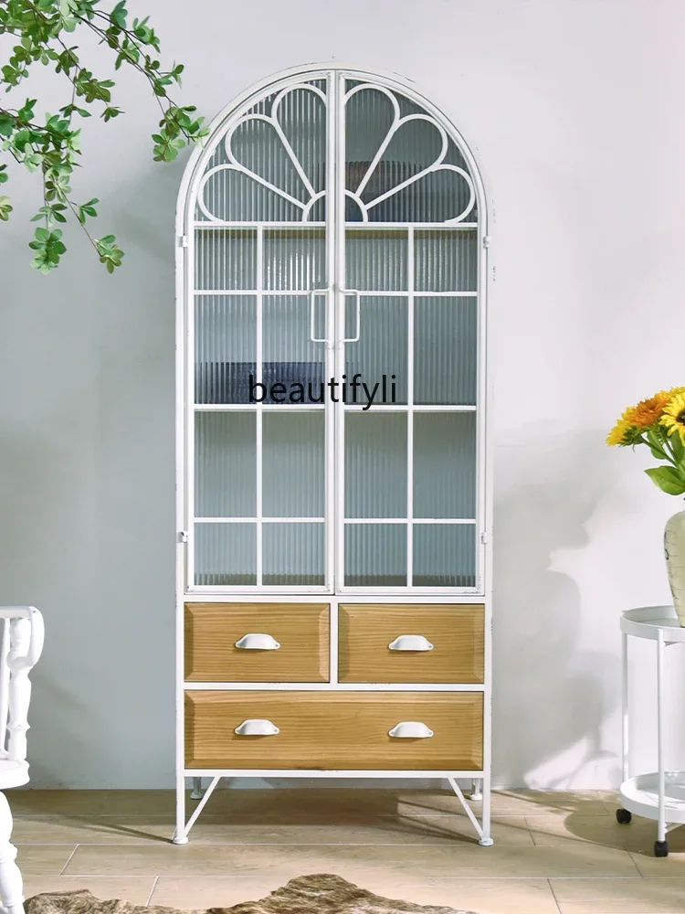 American retro dining side cabinet old storage cabinet wrought iron glass  entrance cabinet integrated locker against the wall