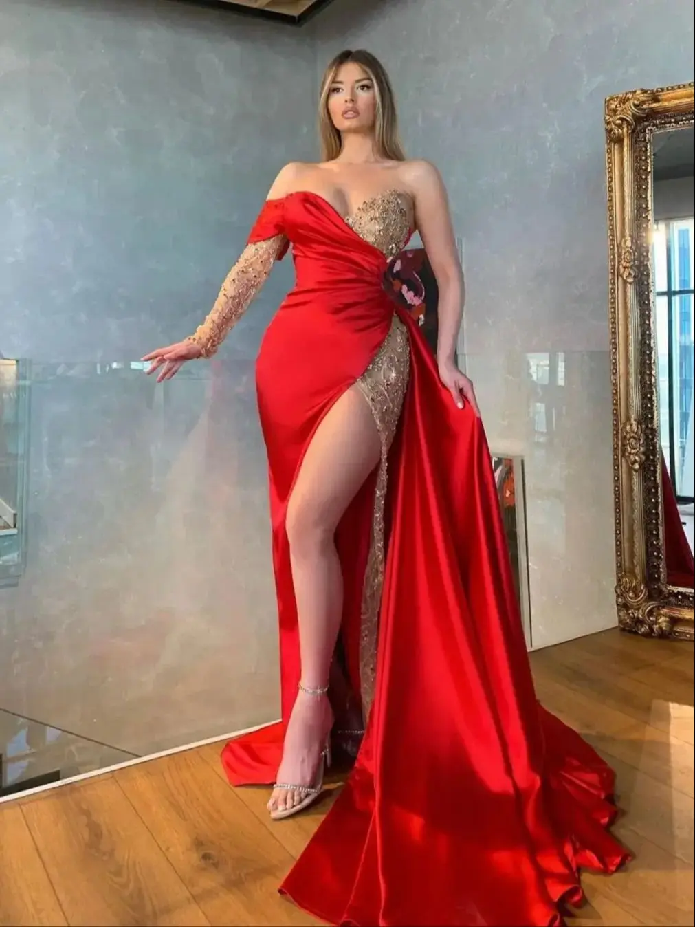 Classic Red Mermaid Evening Dresses For Women Sexy Single Shoulder Strap High Slit Prom Party Gowns New Floor Length Dubai  Robe