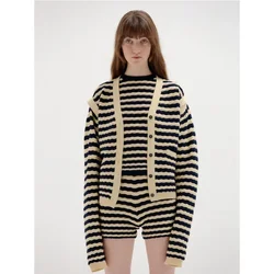 EE @ Thick Striped Knitted Sweater for Women, V-neck, Single Breasted, Commuting, Korean Niche, Spring, Summer, 2024