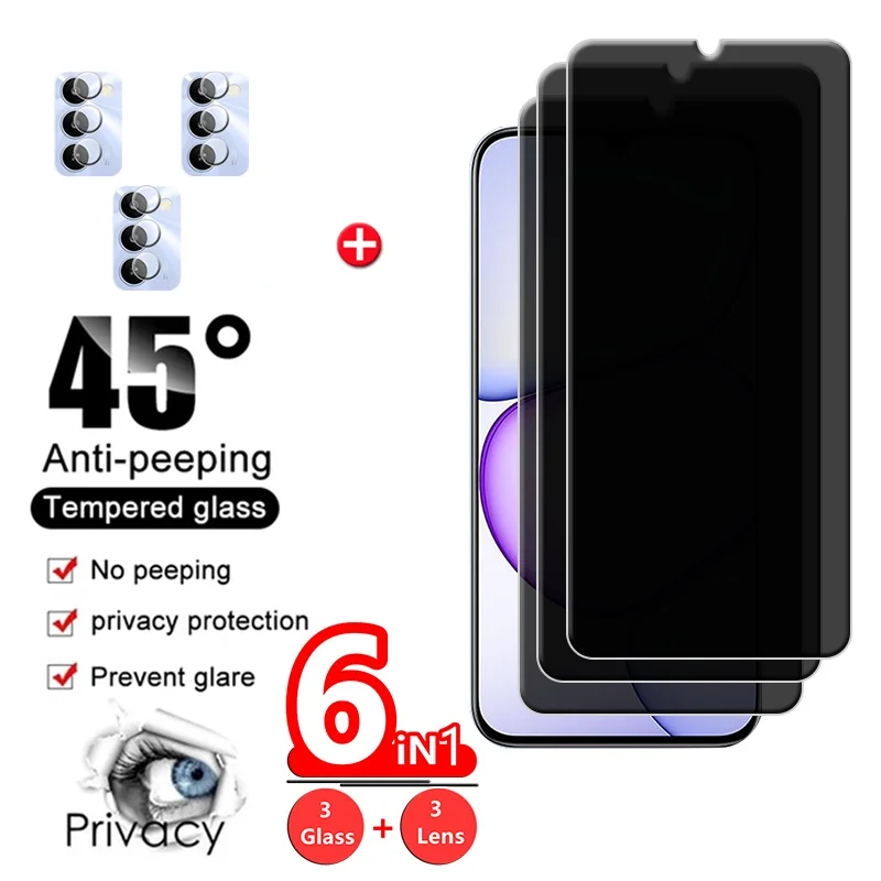 واقي شاشة زجاجي 6 في 1 لهاتف Realme C100 5G، زجاج مقوى 9H مضاد للتجسس وحامي للخصوصية لهاتف Realme C100 5G