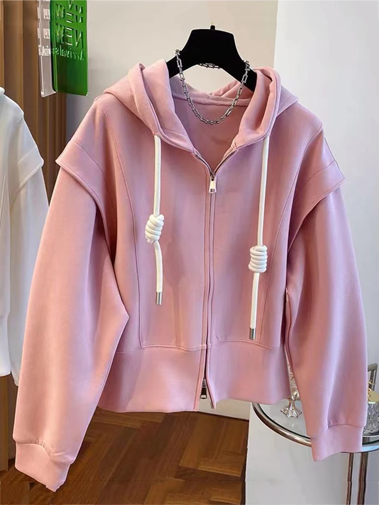 Autumn Women Baseball Jacket Oversized Hooded Sweatshirt Loose Drawstring Coat Female Casual Basic Coat