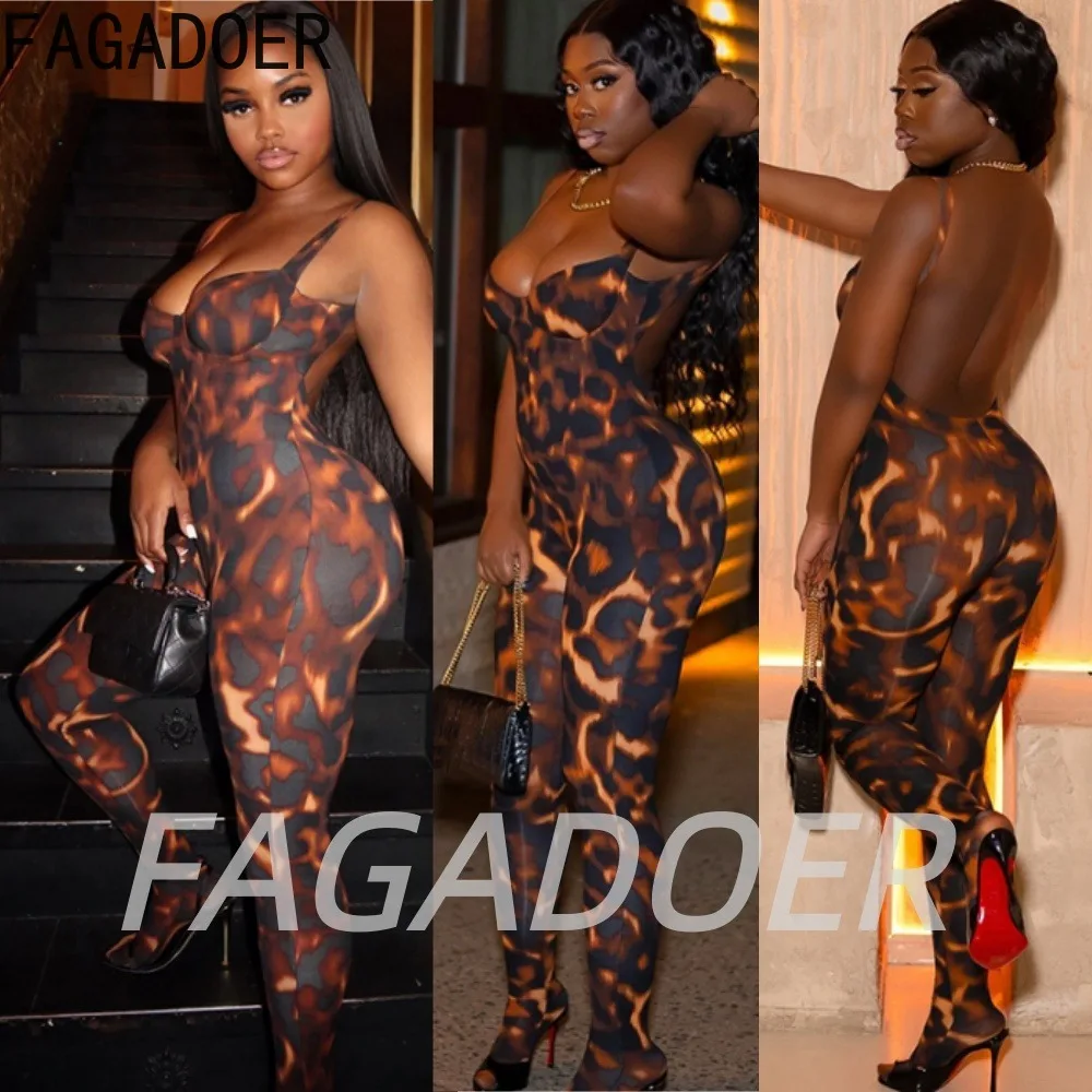 FAGADOER Sexy Leopard Print Bodycon Jumpsuits Girl Tie-dye Spaghetti Strap Backless Skinny Romper Night Club Playsuits Streetear