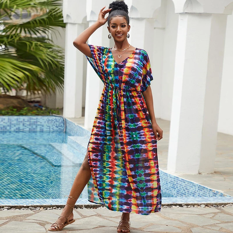 Effortless Chic Kaftan Boho Goddess This Colorful Tie-Dye Resort Dress Semi-Sheer Stuning Rainbow Print Beach Cover Ups Kaftan