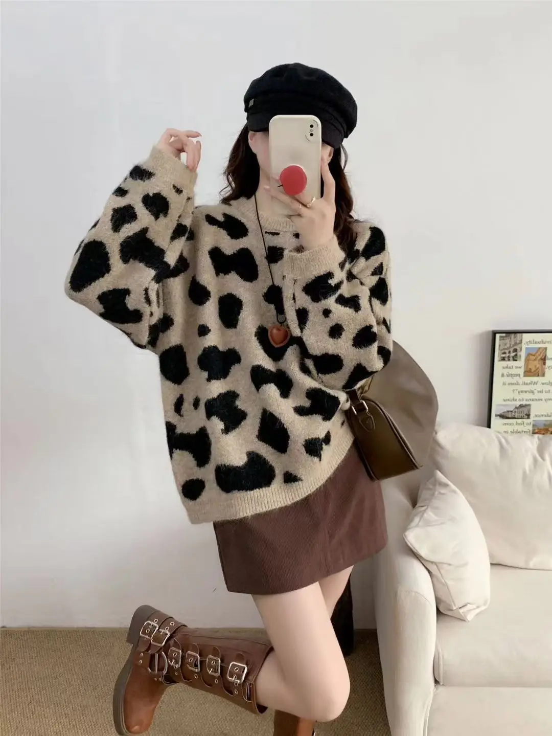 Korejpaa Autumn Retro Pullover Sweaters Women Leopard Jacquard Knitted Sweater Korean Fashion O Neck Long Sleeve Top Casual