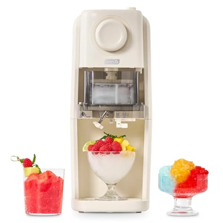 

Home use shaved ice machine with stainless steel blade, white color, adjustable for fluffy snow cones, includes 2 freezer conta