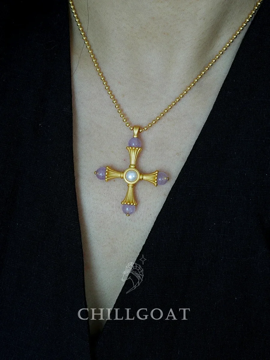 Origin Cross Symbol Original Design Purple Crystal Pendant Clavicle Necklace Niche Premium