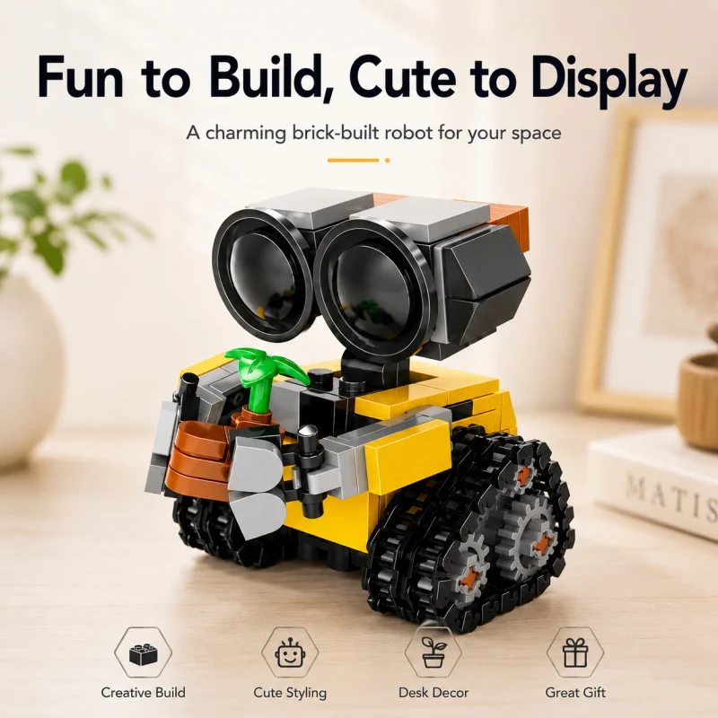 Mini-ensemble de blocs de construction robot, modèle de robot à chenilles mignon avec accessoire végétal, jouet créatif pour affichage sur bureau, cadeau
