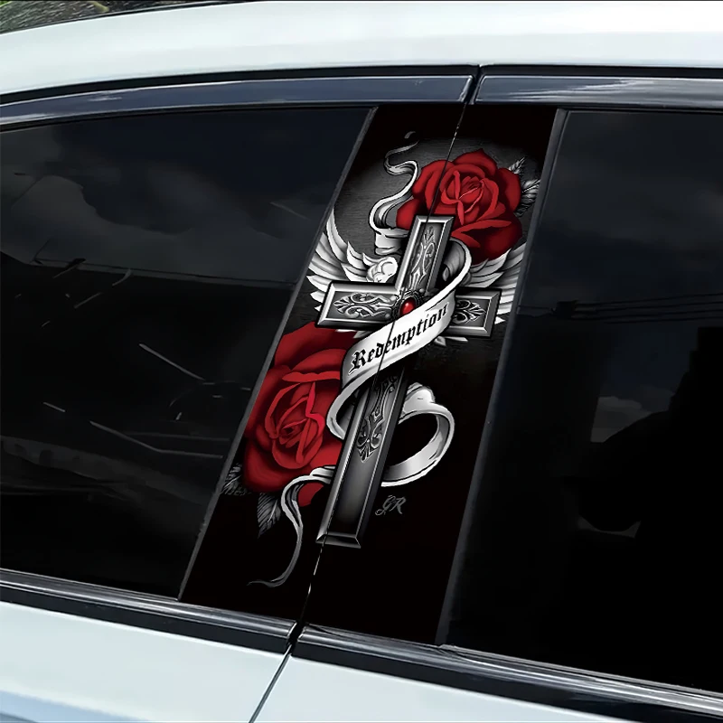 

2 наклейки на автомобильные B-стойки: Крест, Роза, Крыло, Лента. Защитная пленка из гладкого материала с защитными свойствами от царапин.