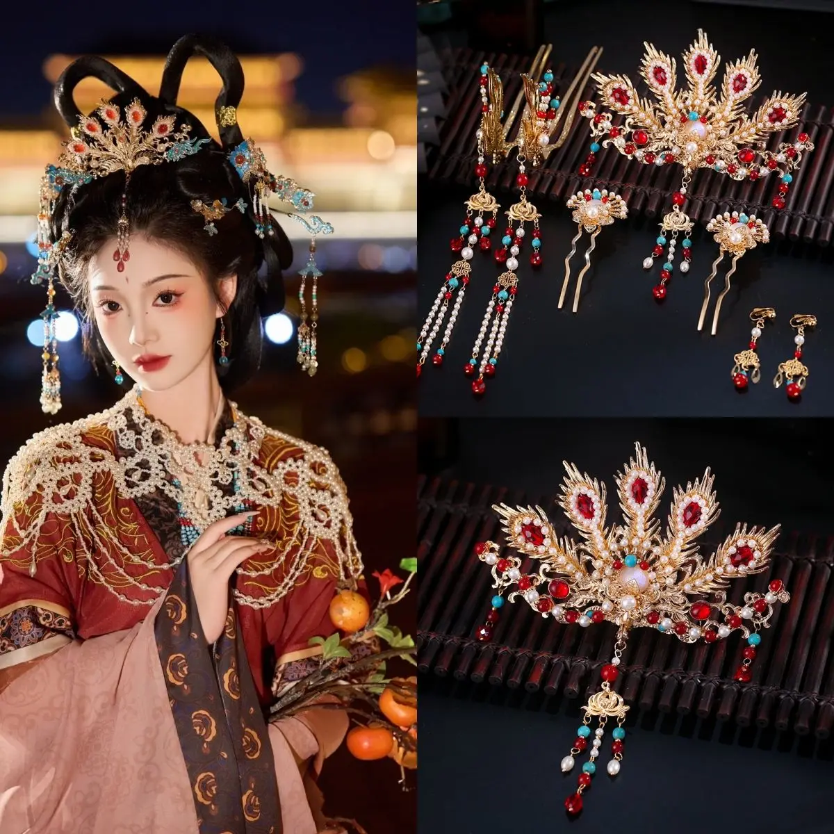 

Traditional Oriental Phoenix Hair Jewelry Full Set Ming Dynasty Cloisonne Hair Crown Hairpin Tassel Hanfu Costume Accessories