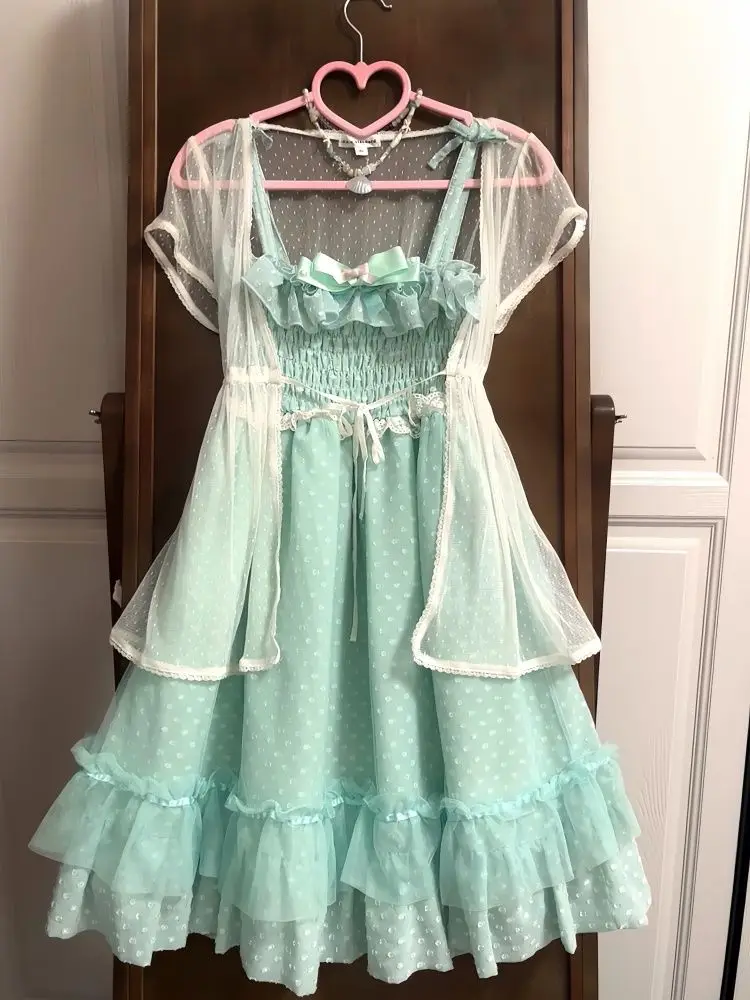 

Japanese Fashion Sweet Cute 2 Piece Set Women Mini Lace Tops + Polka Dot Dress New Fit Chic Kawaii Fluffy Retro Suit