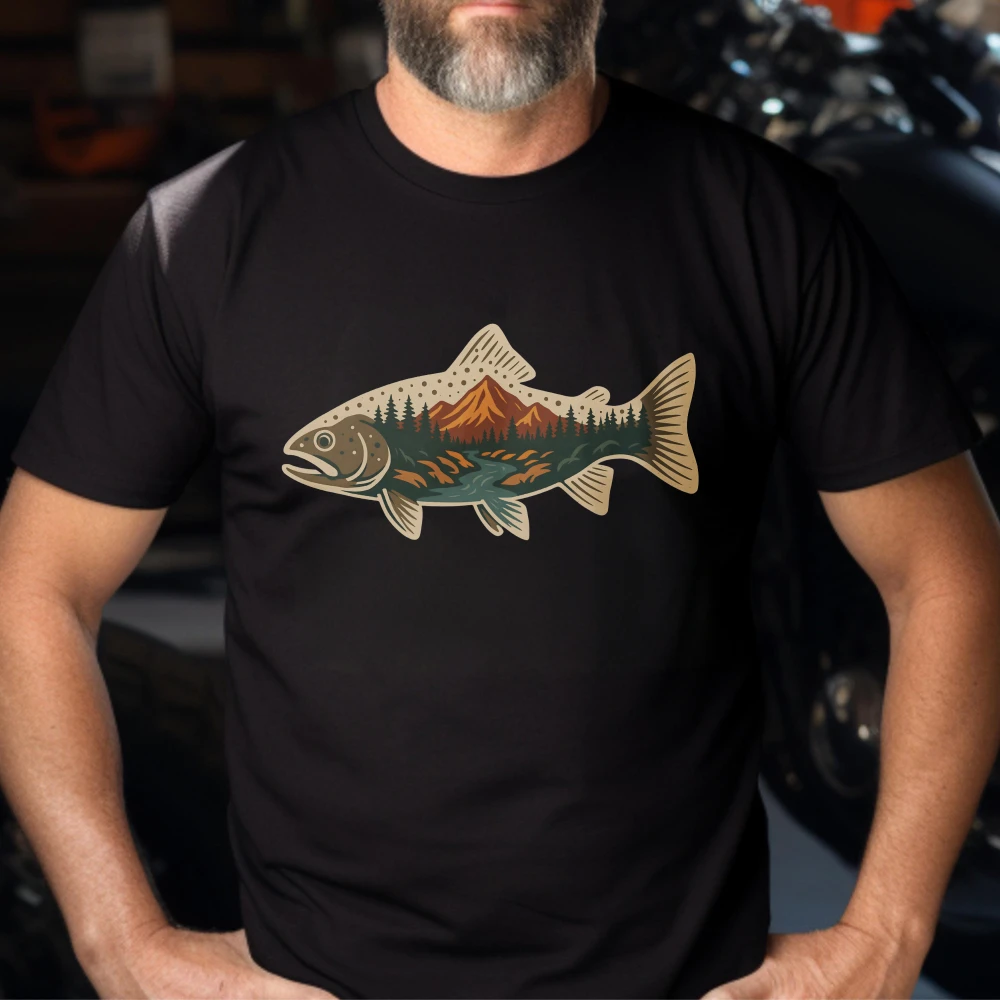 Brook Trout Shirt Retro Mountain River Fish Cotton Tee Spirit of the Hidden Current Tee Fish Shape Nature Art Outdoors Men Shirt