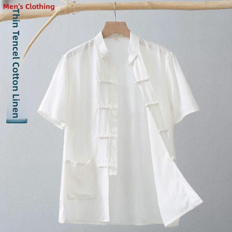 

Lightweight Short Sleeve Men's Shirt Tang Suit Style Silk Cotton Linen Blend Chinese Retro Half Sleeve Shirt for Middle-Aged ...