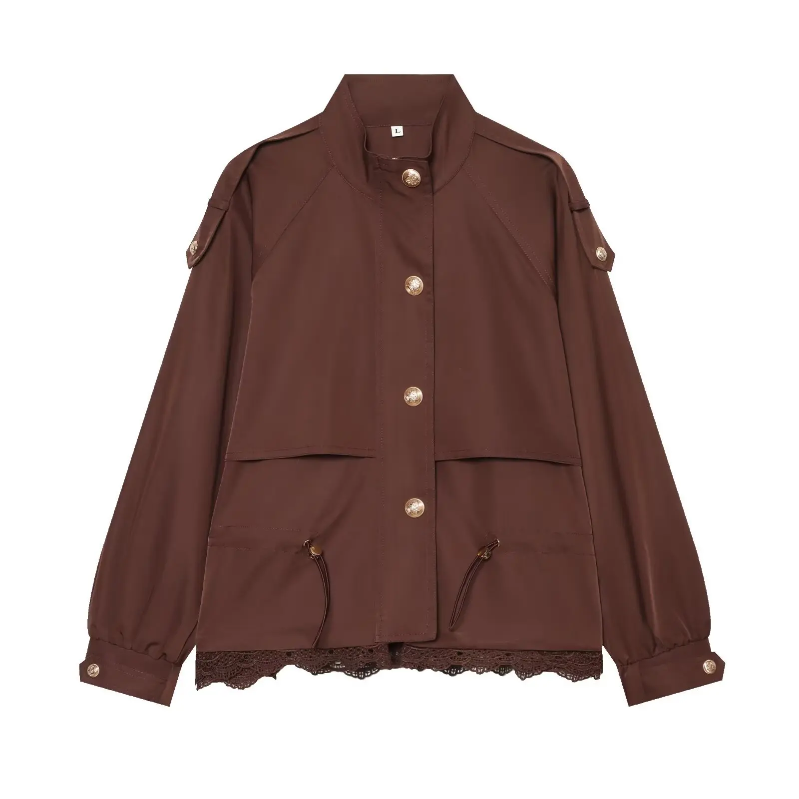 Damen Stehkragen Metallknopf Kurzer Trenchcoat Elegante Spitzenverzierung am Rücken mit Kordelzug in der Taille Damenjacke Windbreaker Oberbekleidung – Detail 5