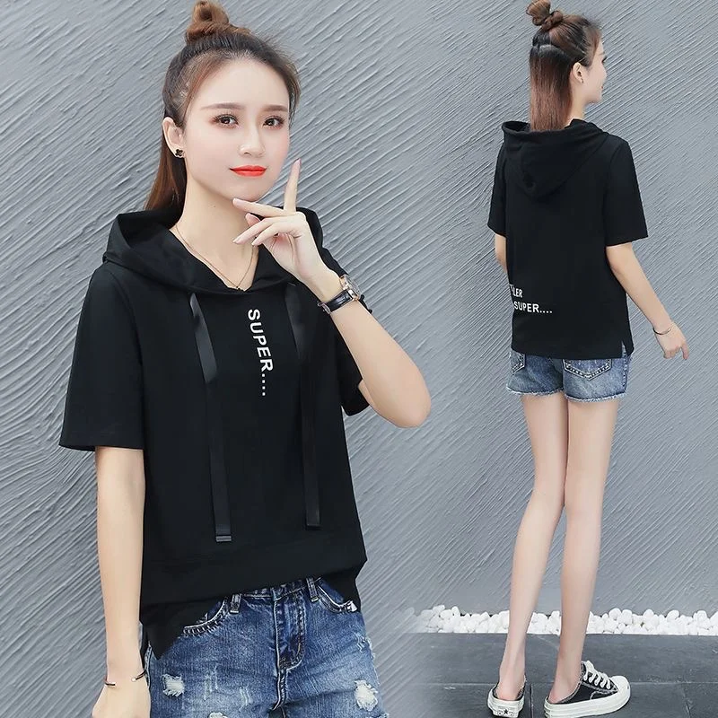 Thin Short-sleeved Hoodie Women Hooded 2024 Summer New Korean Version Of Loose 100 Tower Casual Slimming T-shirt Top Tide Coat