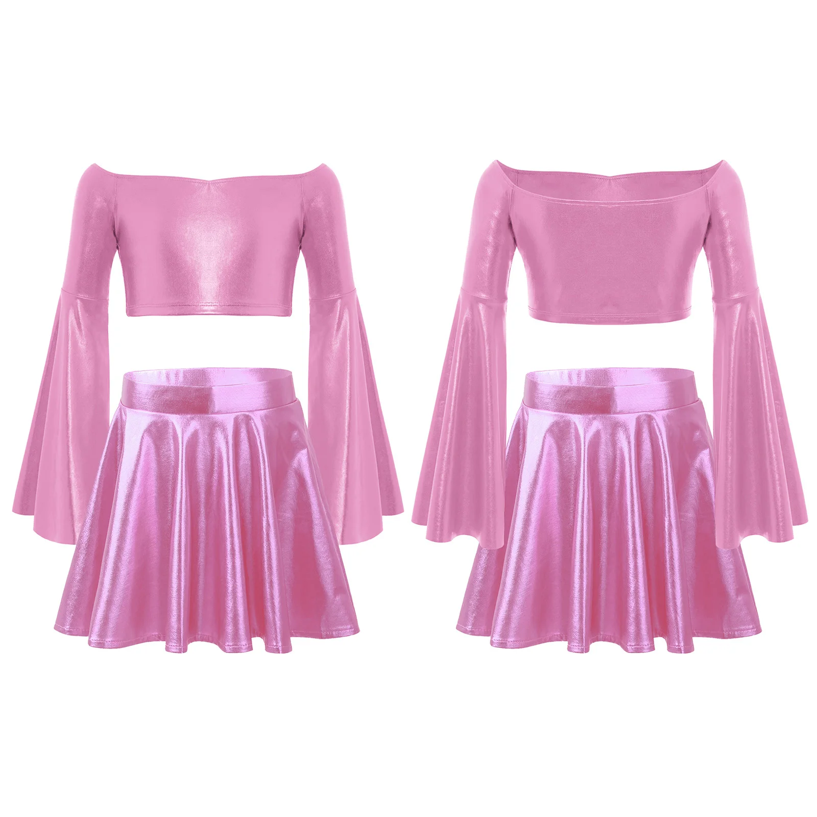 키즈 걸스 메탈릭 러플 재즈 세트 긴 플레어 슬리브 오프 숄더 크롭 탑과 생일 파티 공연을 위한 반짝이는 스커트