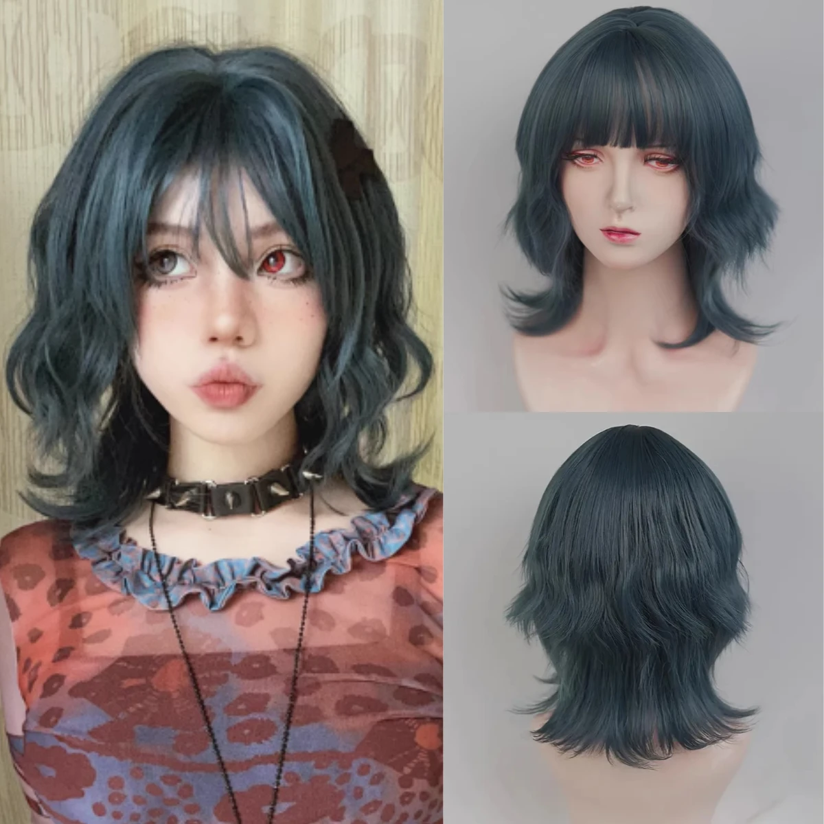 Peruca estilo lolita, peruca azul sintética curta e reta, peruca com franja, peruca cosplay para mulheres, festa diária, resistente ao calor