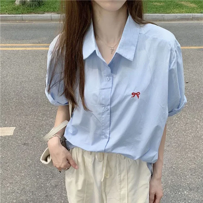 

College Style Bow Embroidery Short Sleeve Shirt Women Summer 2025 New Loose All-Match Blouse Casual Lapel Button Shirts