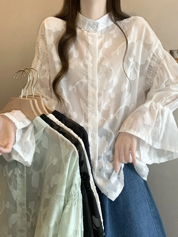 

Аутентичная летняя блузка с цветочным принтом, рукавами-фонариками и кружевом, шифоновая, с длинными рукавами, двусторонняя, из полиэфирного волокна, с рукавами А-силуэта