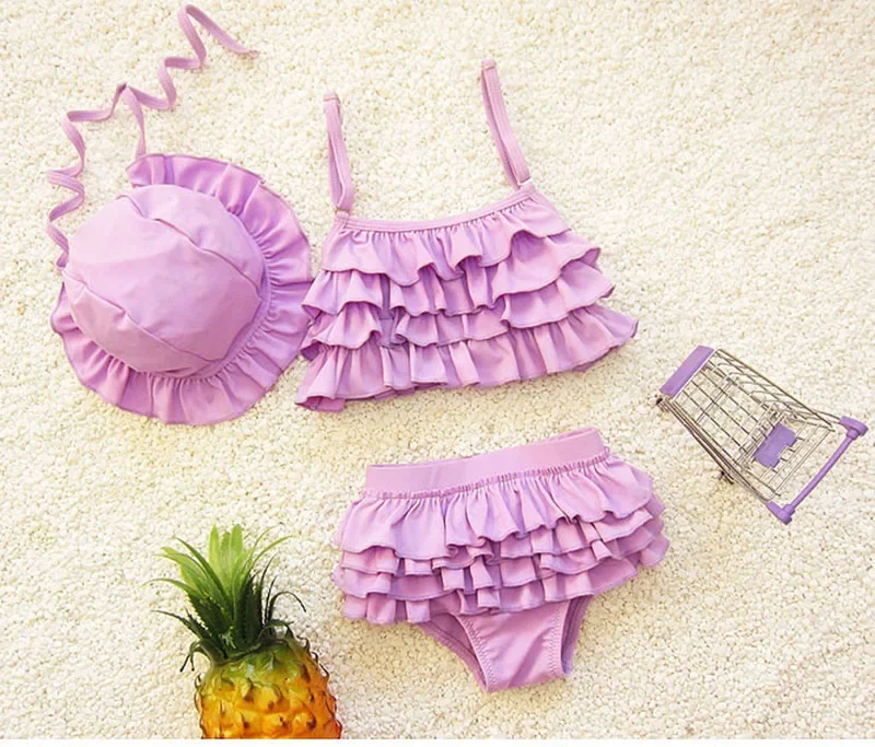 Baby Kids Girls Bikini Swimming Suit Waves Split Top + Pants + Hat Swimwear Summer Children Princess Beach Wear Swimsuit SA4003