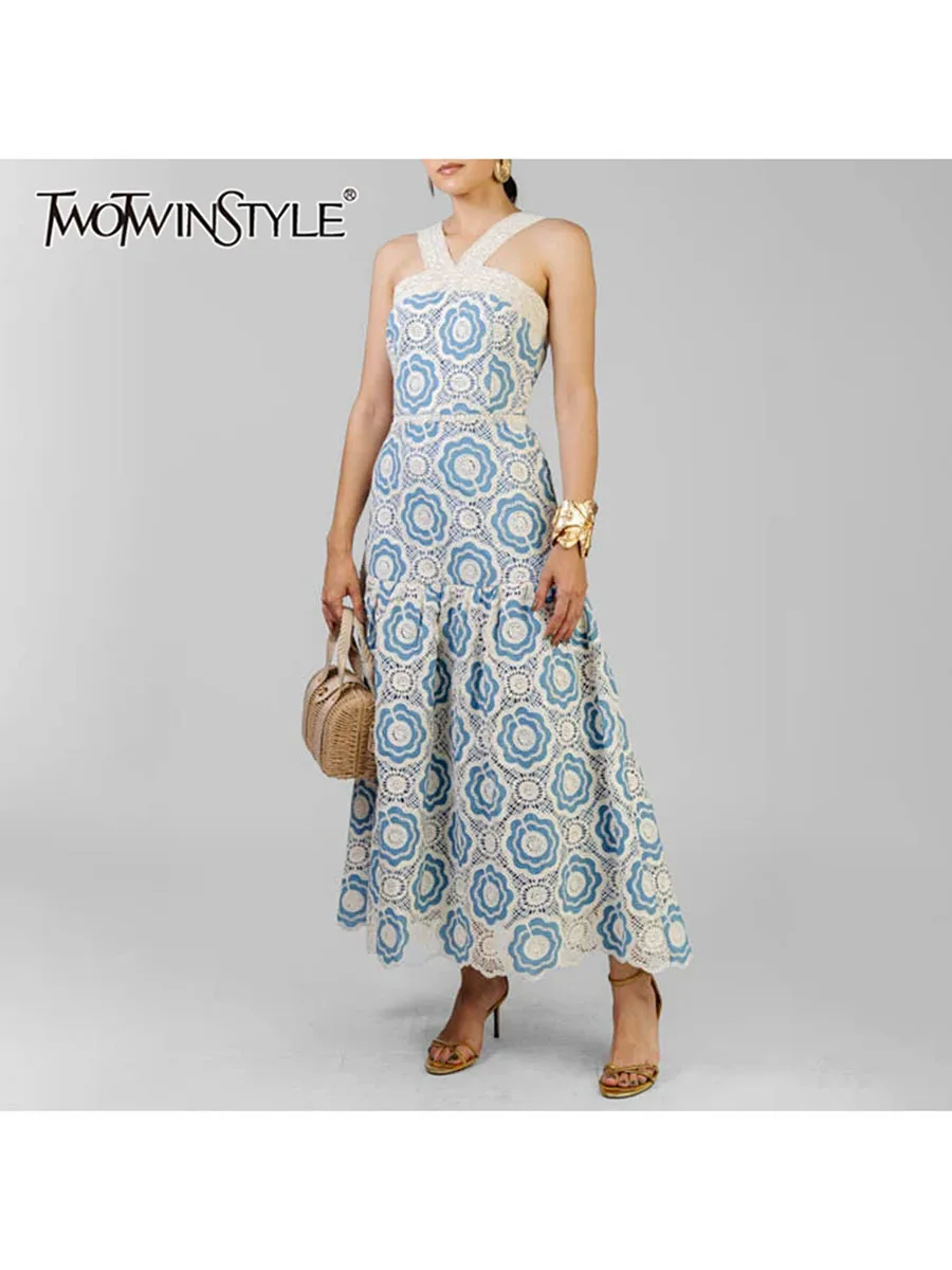 

TWOTWINSTYLE Hit Color Slimming Hollow Out Dresses For Women V Neck Sleeveless High Waist Temperament Dress Female Fashion New