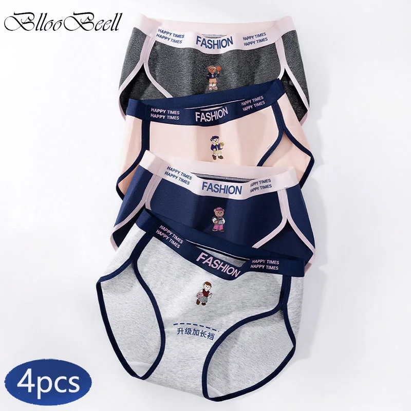 

4pcs Women's Cotton Panties College Style Mid Waist Briefs with Cartoon Letter Design Sexy School Girls Sports Underpants