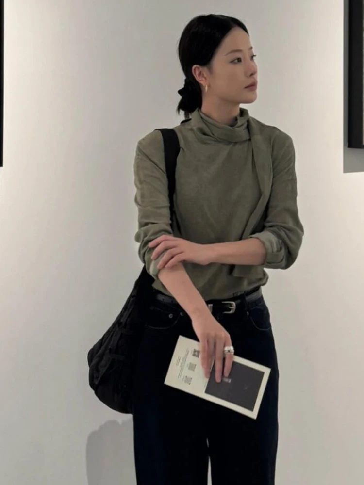 Coreano sle longo sve veludo floing irt feminino outono inverno design f gola alta com cinto camada base superior interno