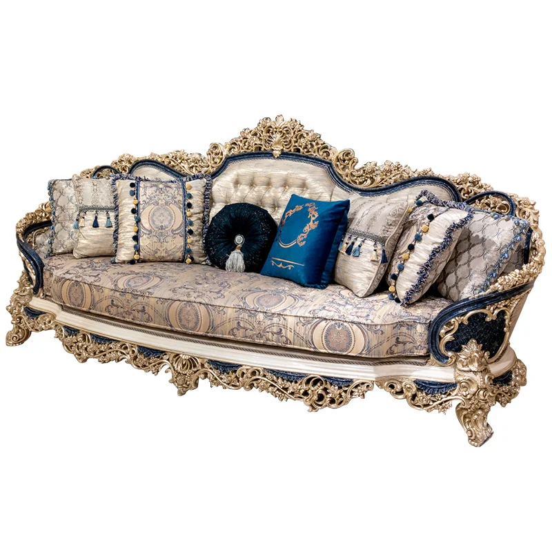 

New classical fabric sofa villa luxury living room single three-seat gold leaf hand-carved sofa