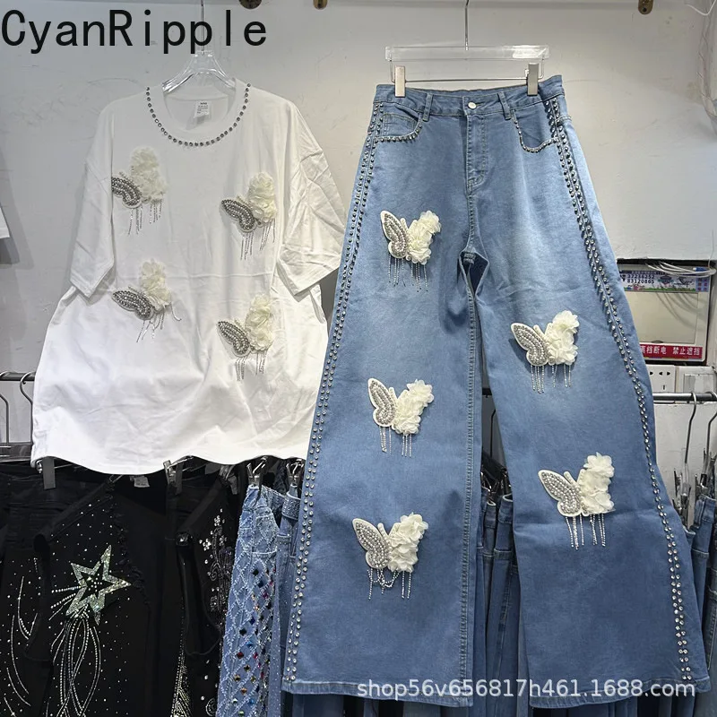 

Fashionable Spring Summer Women Two-piece Set 3d Butterfly Diamond Short Sleeve T-shirt Top + High Waist Wide Leg Straight Jeans