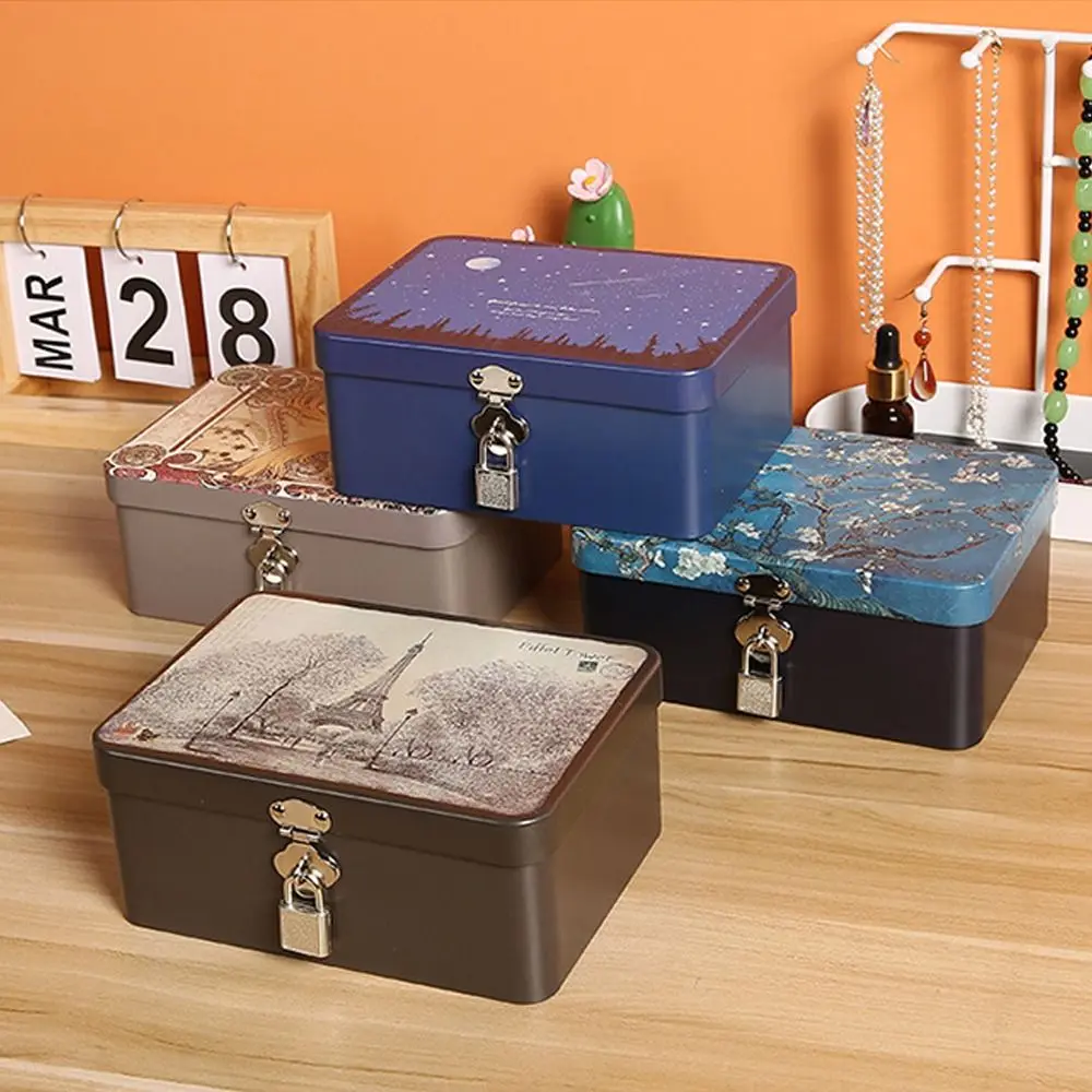 High Quality Vintage Large Capacity Tinplate Box with Lock Key Desktop Storage Case Household Jewelry Storage Empty Metal Box