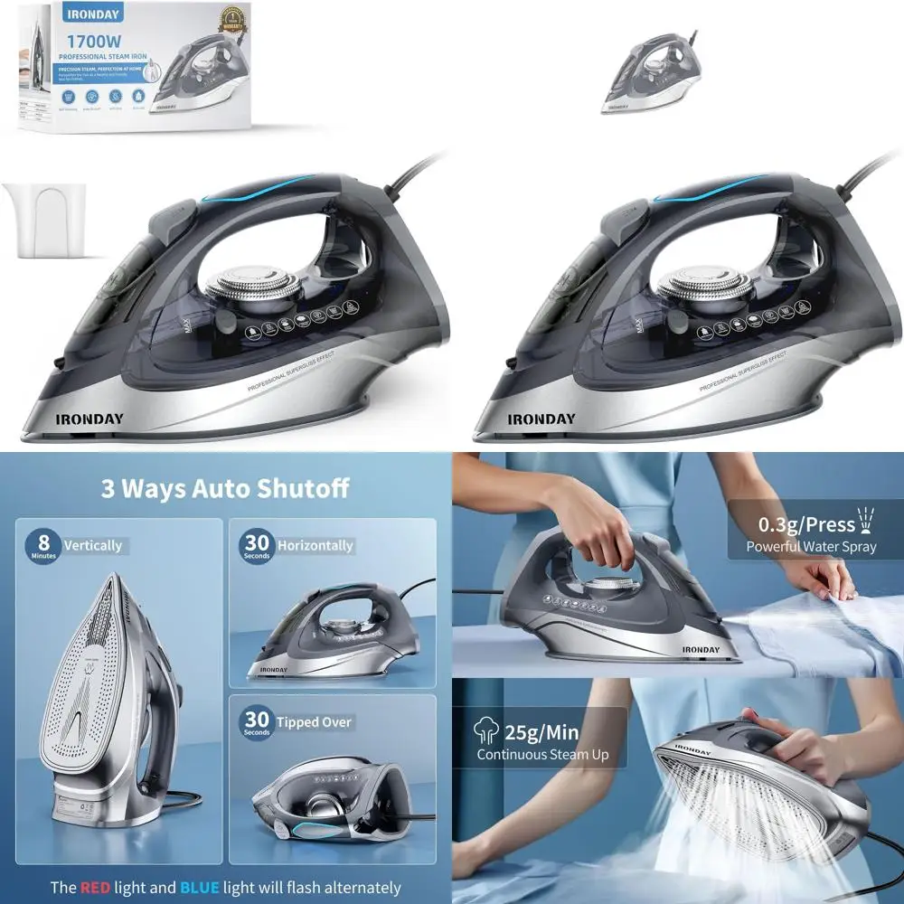 

Паровой утюг с быстрым нагревом 1700 Вт: разогрев за 20 секунд, резервуар 300 мл, антипригарное керамическое покрытие, автоотключение, функции распыления и струйного отпаривания, идеально подходит для домашнего использования