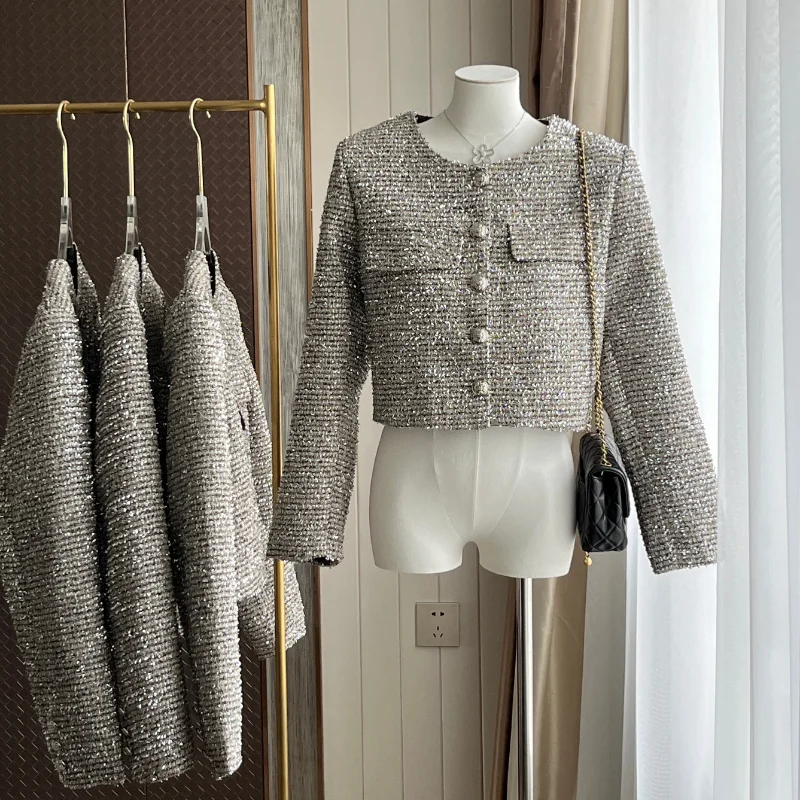 Autumn New Silver Bright Silk Woven Small Fragrance Lady Jacket French Fashion Casual O Neck Chic Korean Women Tweed Coat 1789