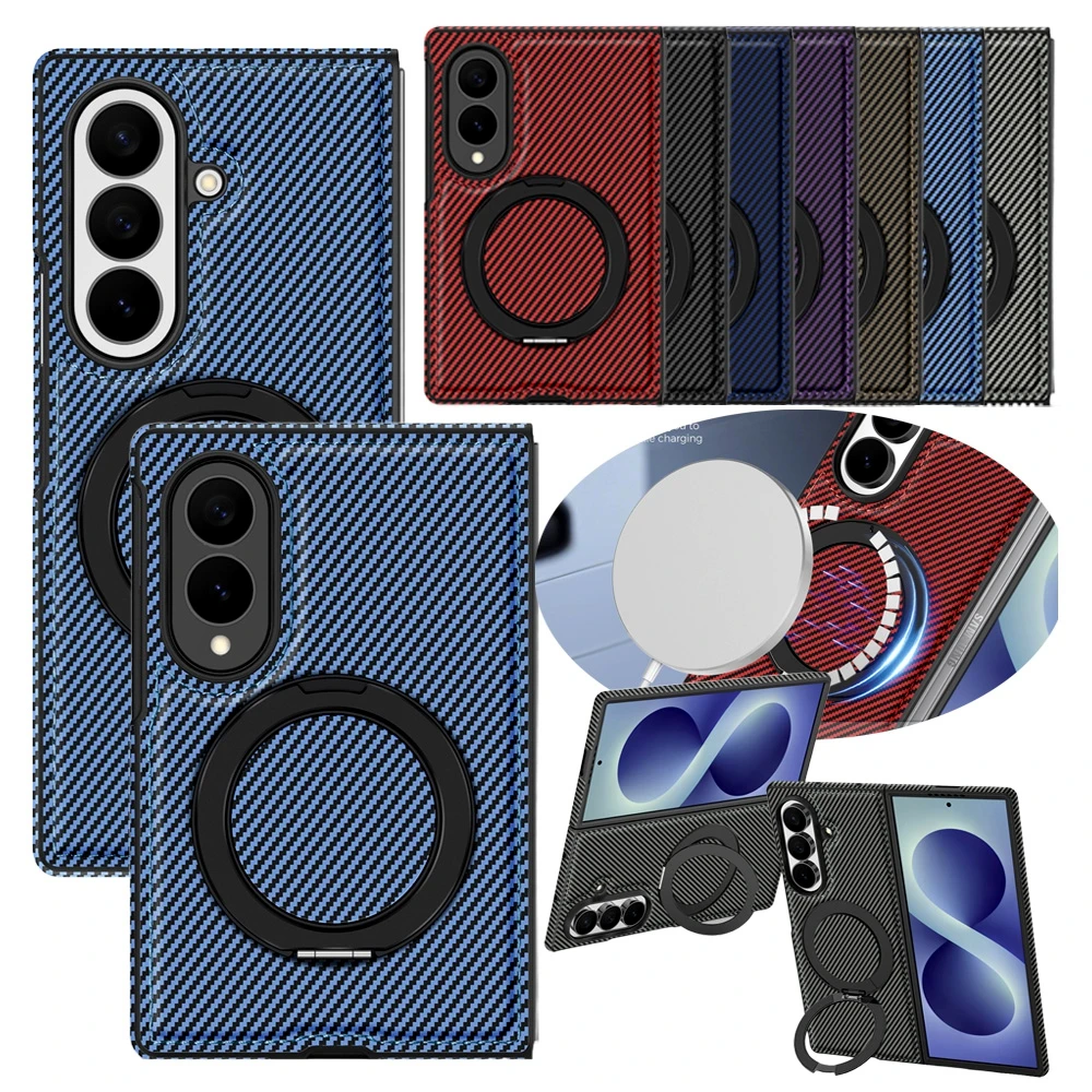 Phone Case for Samsung Galaxy Z Fold 8 Ultra 7 6 5 4 3 Fold8 Kevlar Pattern 360 Rotating Magnetic Ring Wireless Charging Cover