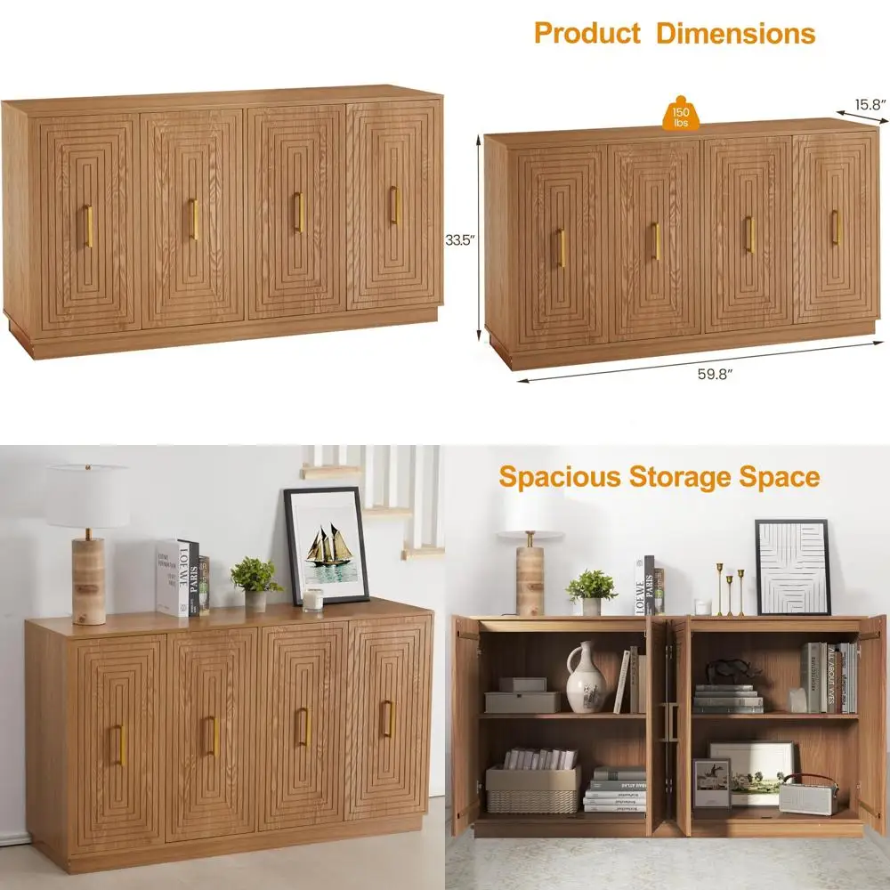 

60 Inch Large Buffet Cabinet, Fluted Sideboard Storage with Doors and Adjustable Shelves, Wooden Credenza Console