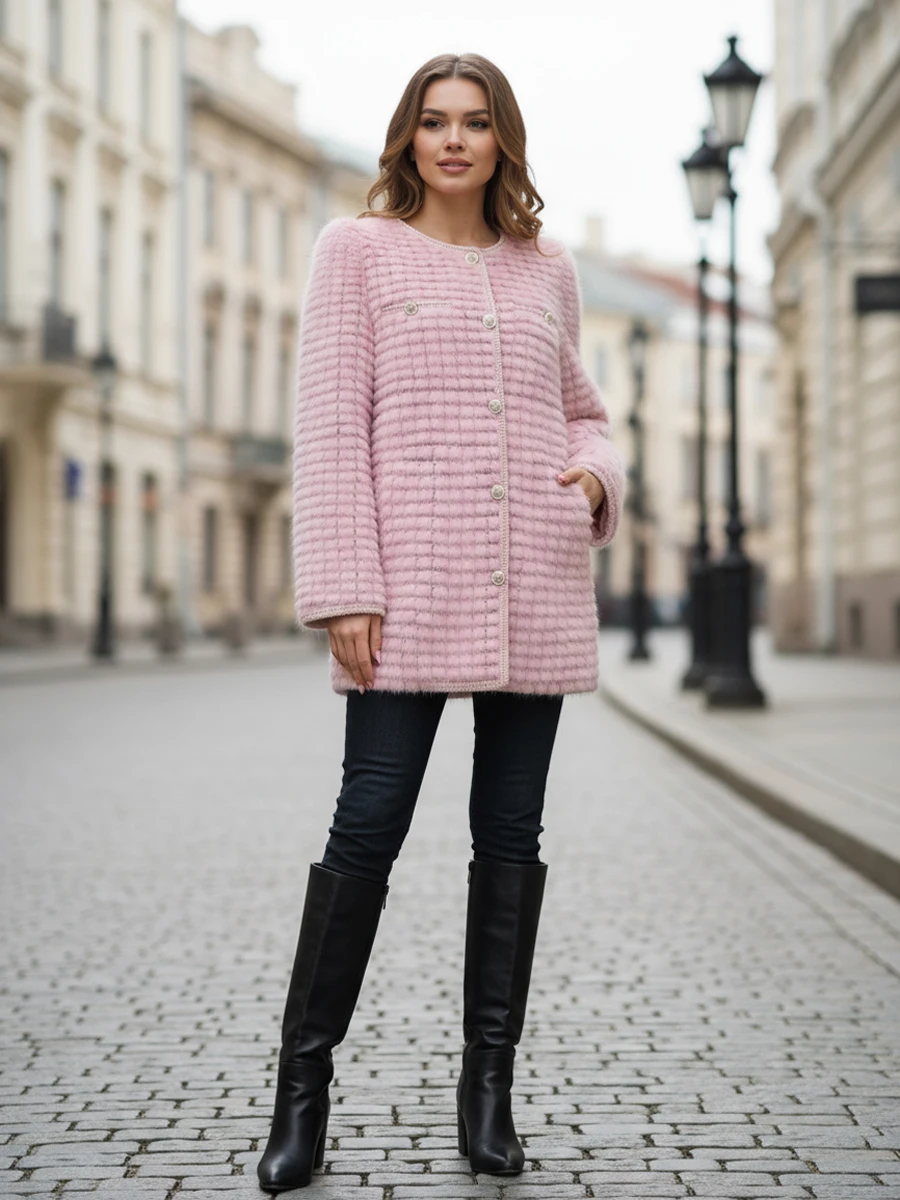 HDHOHR 2025 New Real Mink Fur Coats Women Natural Kintted Mink Coats Leather Collar Fur Jackets Winter Warm Fur Coats For Female