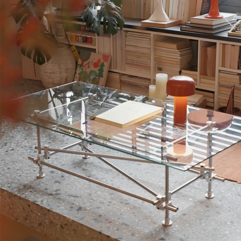 

ins style bedroom living room simple glass table stainless steel light luxury office tea side table