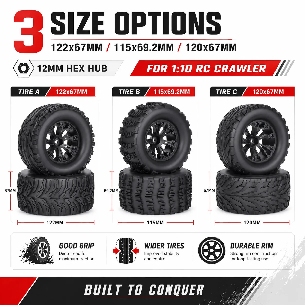 4個入りゴムタイヤ-115-120-122mm-rcカーホイールタイヤ-12mm六角アダプター付き-1-10-trx4-axial-scx10-wraith-redcat-hpi-rcクローラーアップグレードパーツ