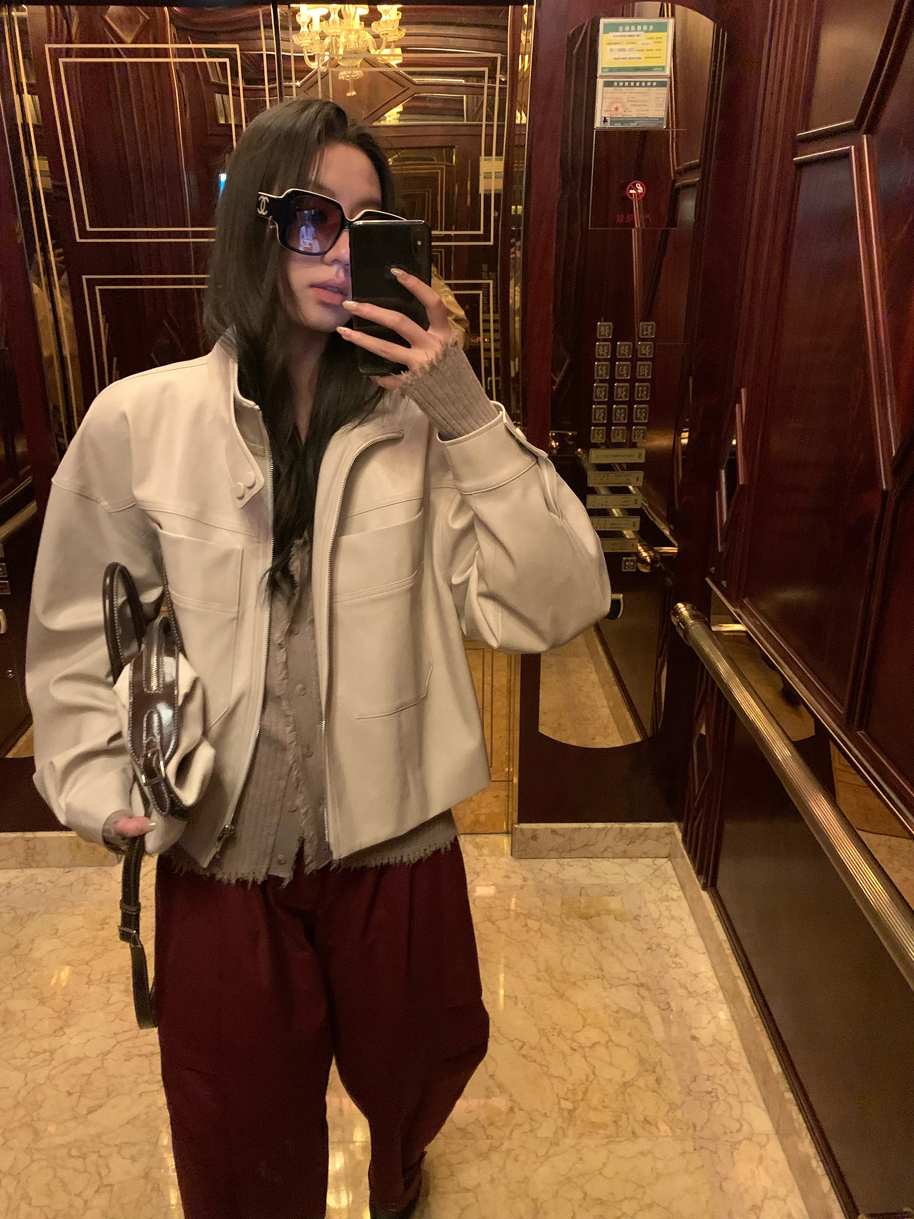 Gakee Official Women's ort PU Leather Jaet Autumn New Faionable Simple Design High Quali Beige Color Ciwalk Sle