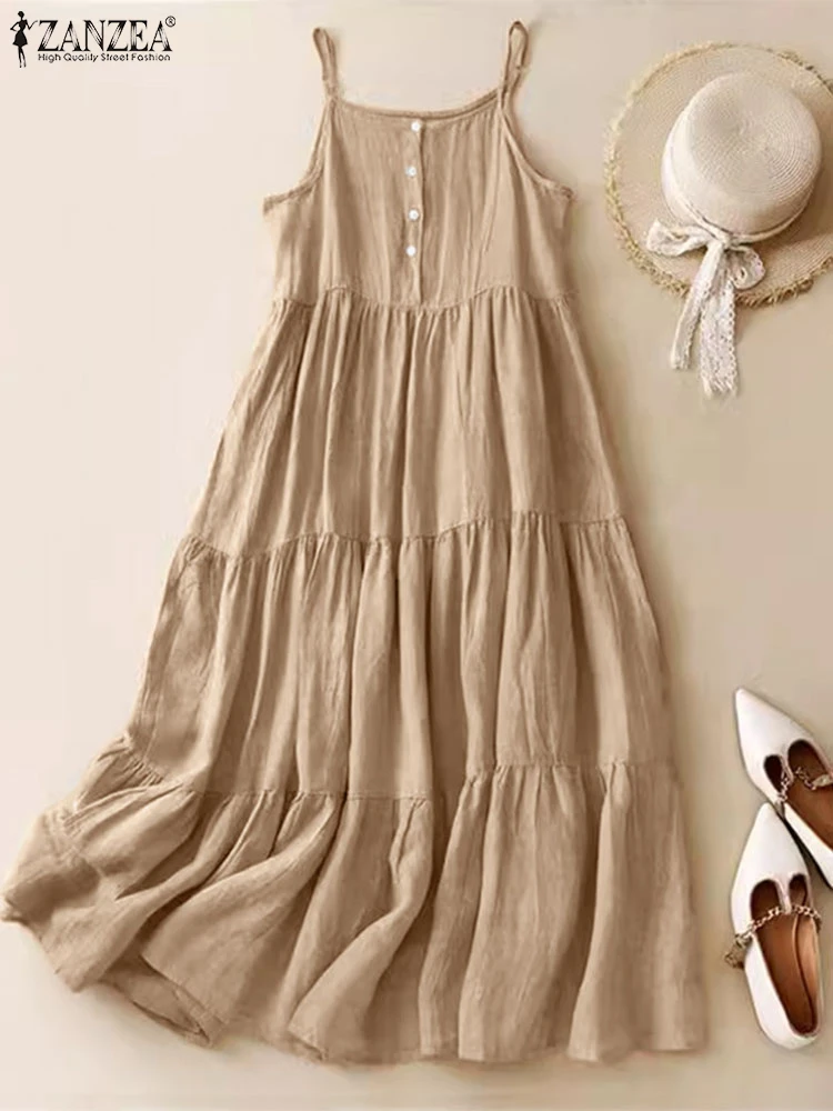 Zanzea solto cor sólida a linha maxi vestidos casuais feminino férias verão 2024 longo vestido de verão em camadas alças espaguete deslizamento vestido