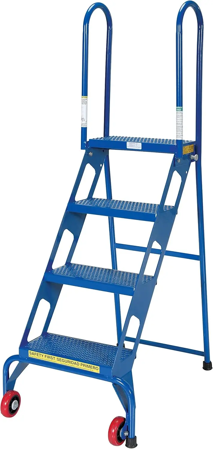 All-Welded Lock And Roll Folding Ladders With Wheels - 4 Steps - Steel - Blue