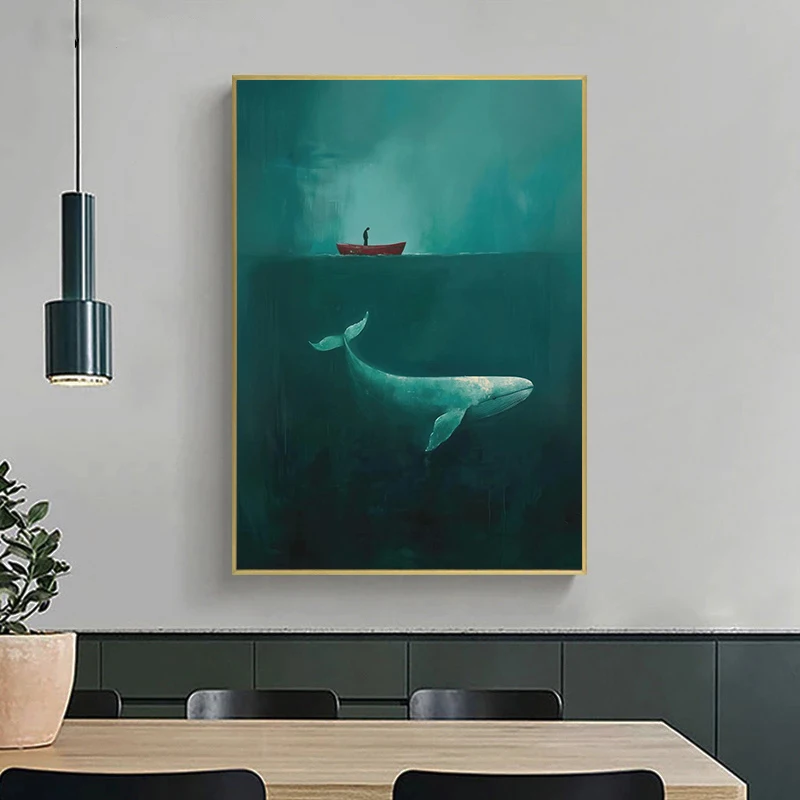 الحوت الأحدب الأخضر الداكن ملصق فني طباعة خمر السفينة العملاق الحوت قماش اللوحة المحيط جدار الفن لغرفة المعيشة ديكور المنزل