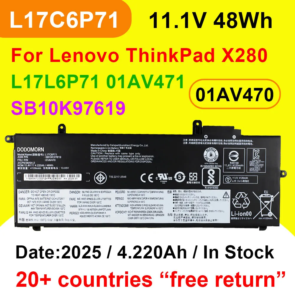 

11,4 В 48 Втч аккумулятор для ноутбука L17C6P71 01AV470 для Lenovo ThinkPad X280 серии 01AV471 L17M6P71 L17L6P71 SB10K97617 SB10K97619