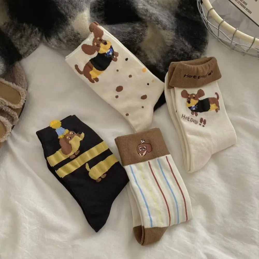 2Pairs Fashion Cute Cotton Socks Polka Point Dachshund Cartoon Socks Mid-calf Stockings Hosiery Striped Socks Students