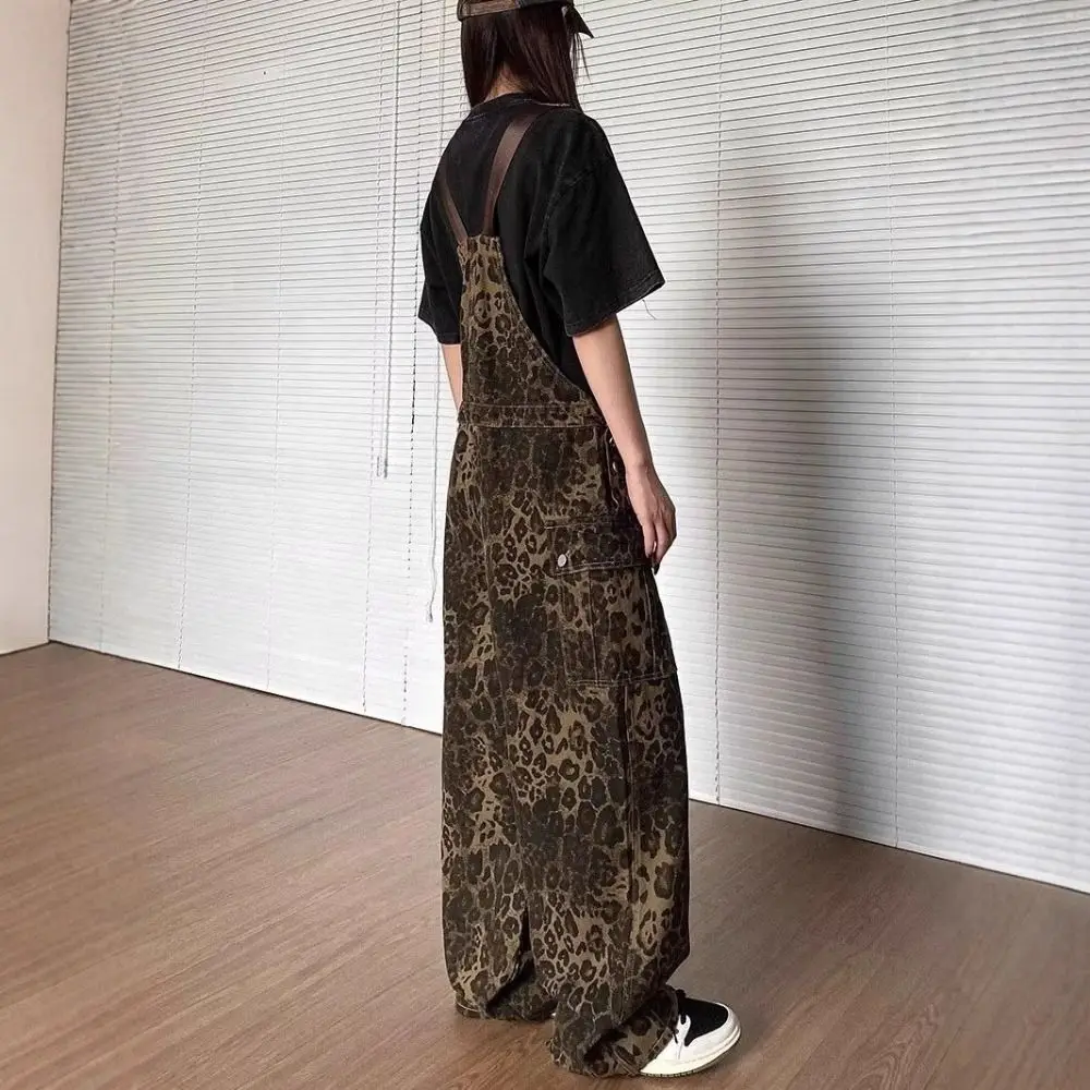 Monos holgados coreanos con estampado de leopardo para mujer, peleles de pierna ancha y cintura alta, pantalones Retro Y2k con estampado de leopardo y pierna recta para mujer