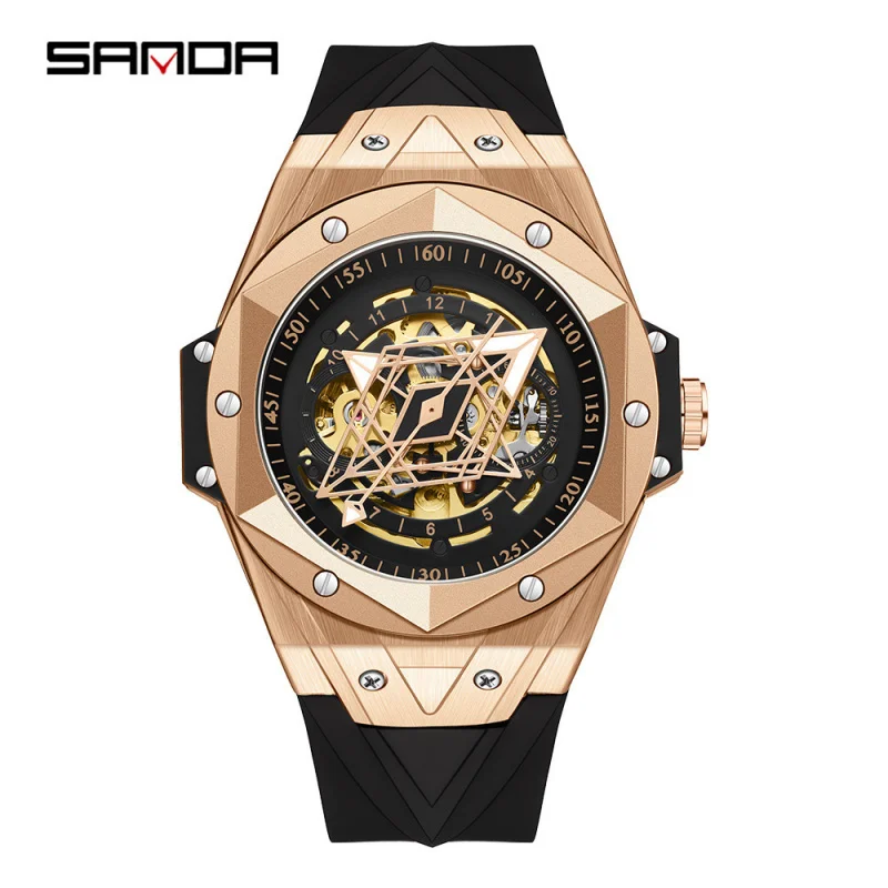 Free Shipping OUTLETSSanda New7014Automatic Mechanical Quartz Hollow Geometry Fashion Trendy Cool Men's Watch Silicone Wat